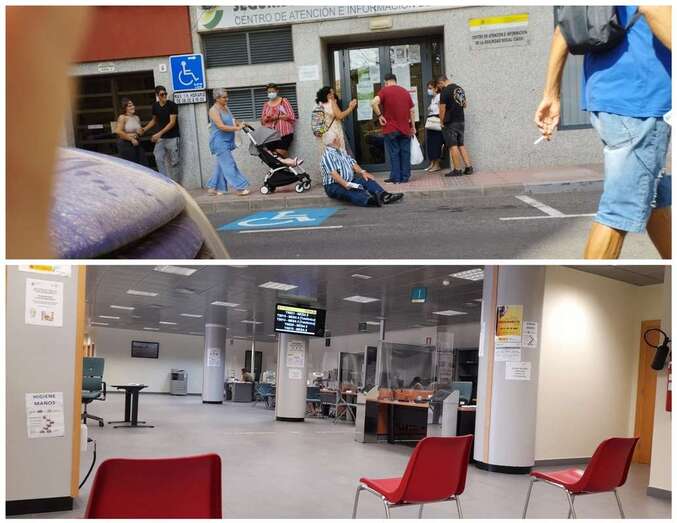 Gente esperando en la calle y el interior de las oficinas/TA.